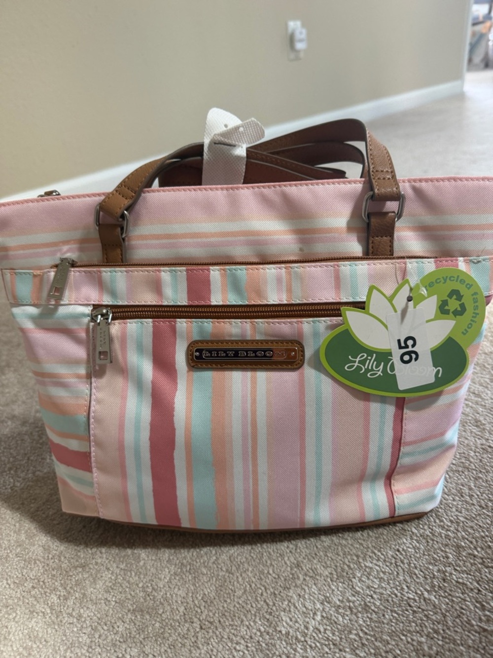 Lily Bloom Pastel Stripe Tote with Brown Handles